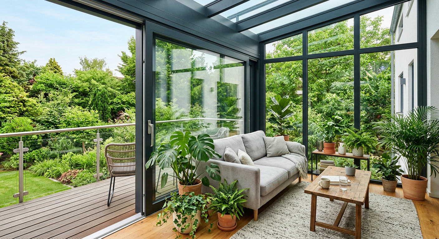 Ein moderner Wintergarten, der sich an einen Balkon anschließt, mit großen Glasflächen, die in einen grünen Garten blicken. Innen sind bequeme Möbel und viele Pflanzen zu sehen.