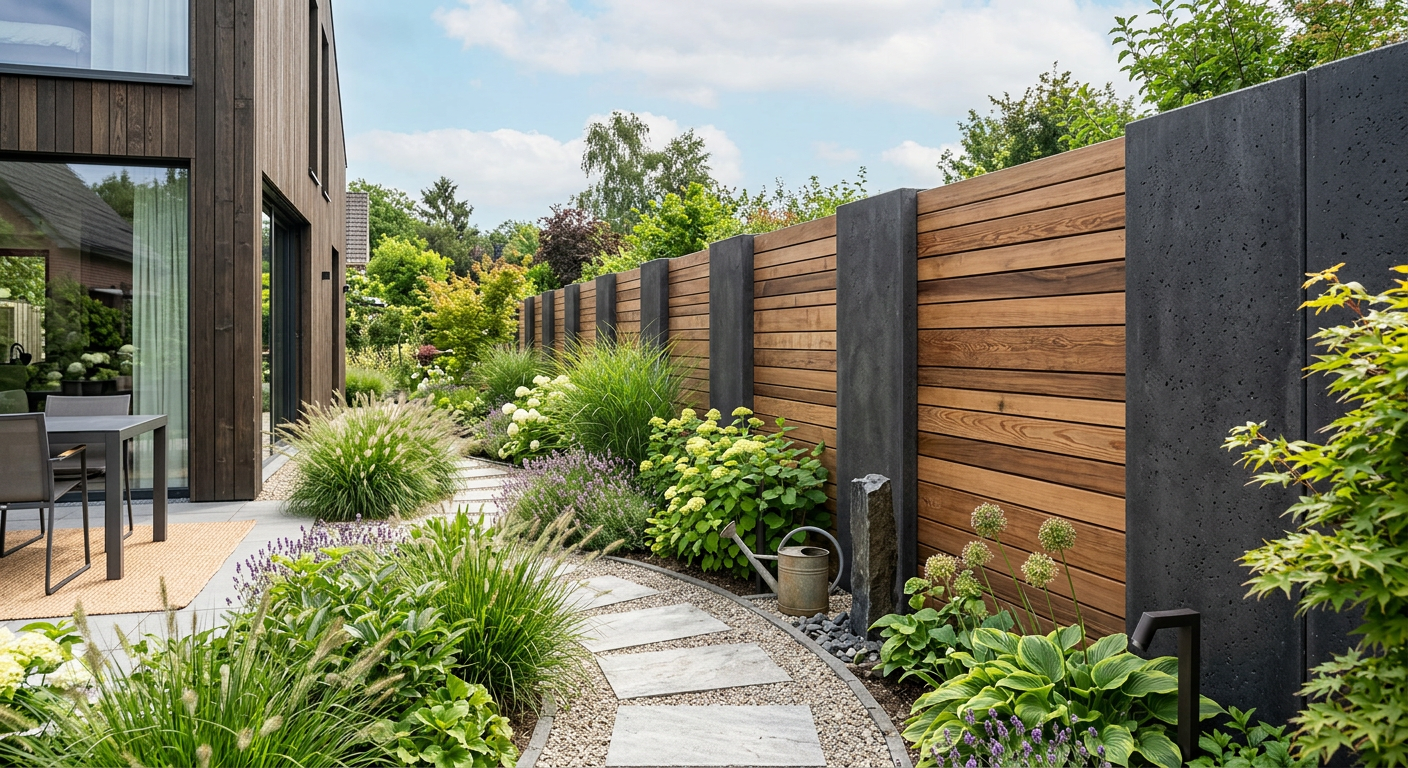 Ein moderner Garten mit einem eleganten Holz-Beton-Zaun, der verschiedene Holzpaneele mit dunklen Betonpfosten kombiniert. Der Zaun dient als stilvoller Sichtschutz und grenzt das Grundstück harmonisch ab.