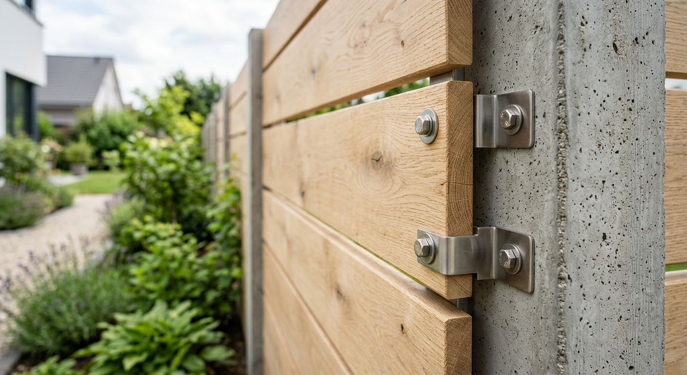 Nahaufnahme eines Holz-Beton-Zauns, der die Textur von hellem Holz und grauem Beton zeigt. Die Verbindungselemente sind aus Edelstahl und sauber verarbeitet.
