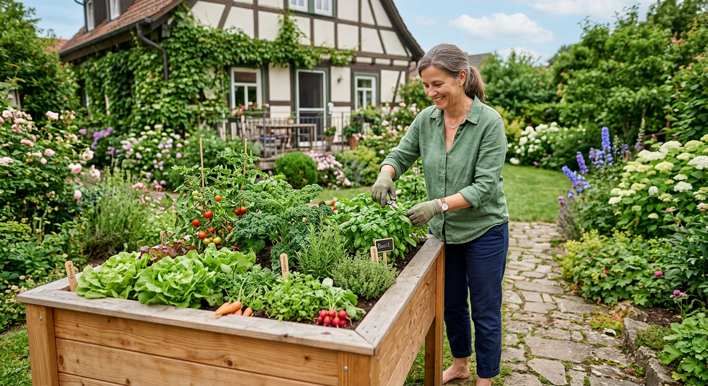Eine Person mittleren Alters, lächelnd, arbeitet entspannt an einem erhöhten Holzhochbeet, das mit verschiedenen Gemüsesorten und Kräutern bepflanzt ist. Im Hintergrund ist ein gepflegter Garten zu sehen.