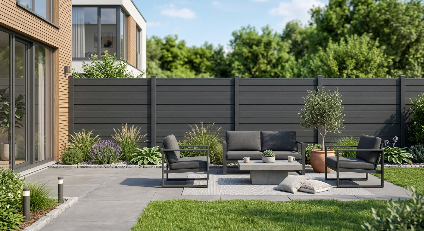 Ein moderner Garten mit einem anthrazitfarbenen WPC-Sichtschutzzaun, der klare Linien aufweist und mit minimalistischen Gartenmöbeln kombiniert ist.