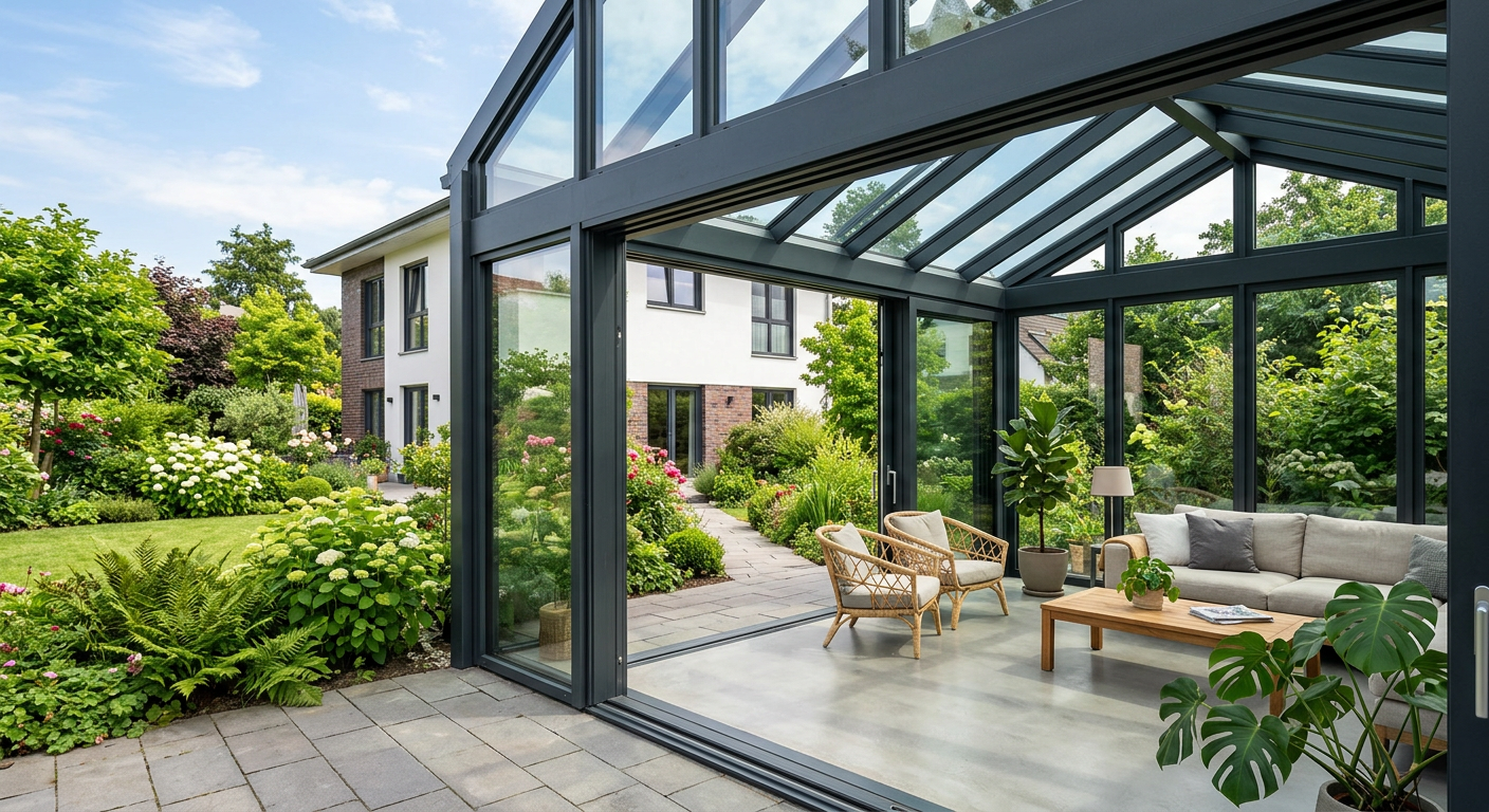 Moderner Wintergarten mit großen Schiebetüren, der sich zu einem grünen Garten hin öffnet