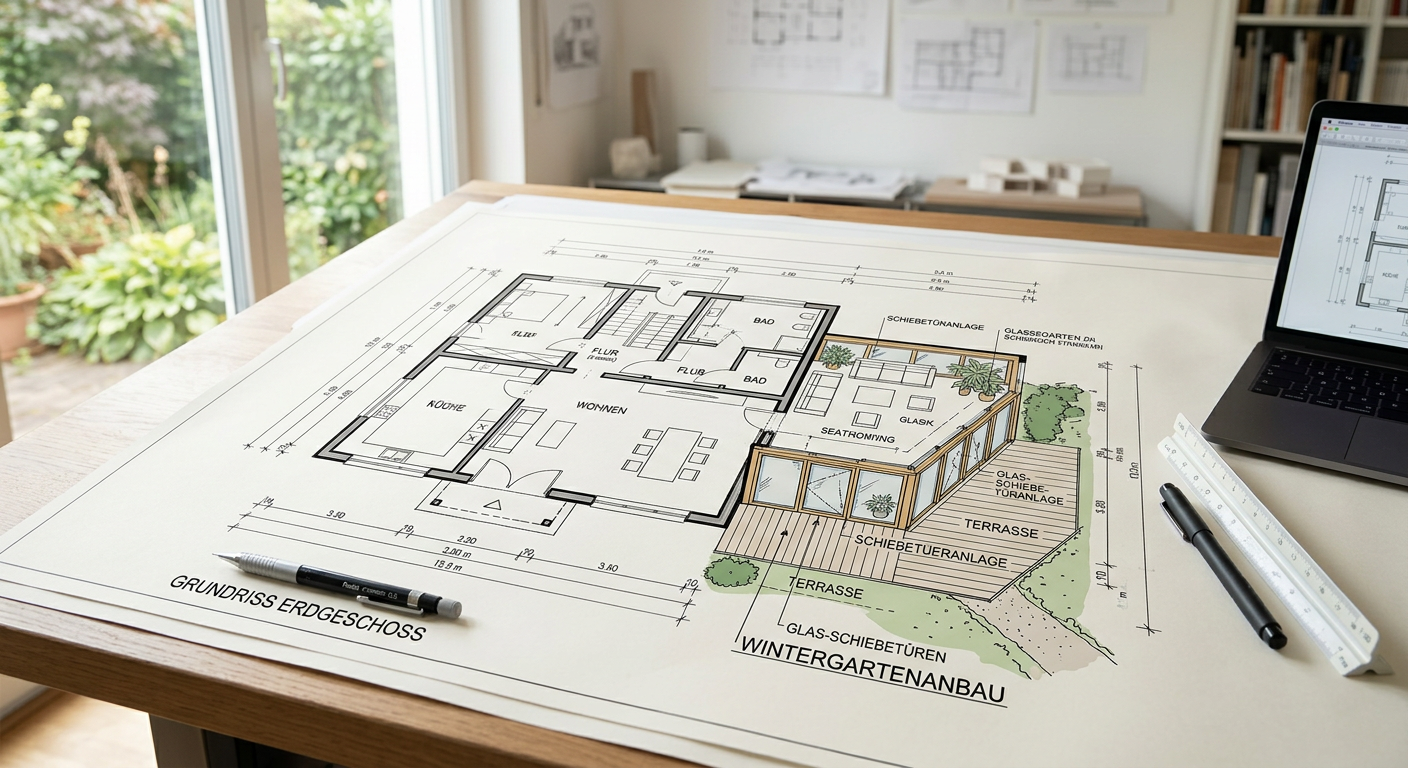 Grundrisszeichnung eines Hauses mit einem detaillierten Anbau für einen Wintergarten mit Schiebetüren